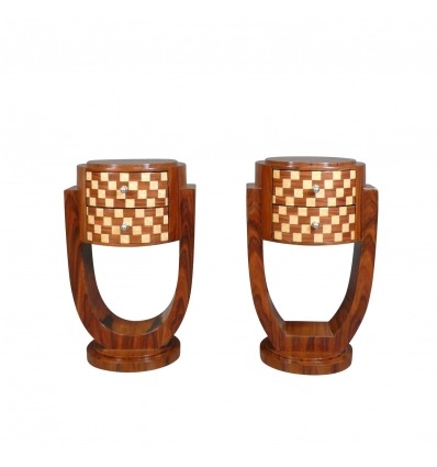 Par art deco nattbord med schackbräde dekoration