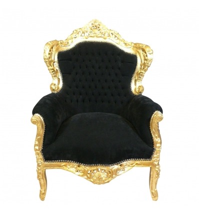 Baroque black velvet armchair gilded wood - 