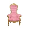 Fauteuil baroque rose modèle trône en bois doré - 