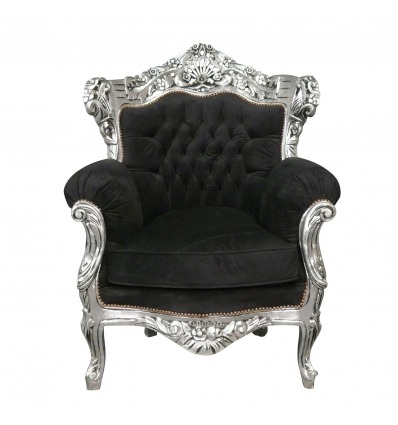 Baroque armchair in black velvet and silver wood - Baroque furniture - 