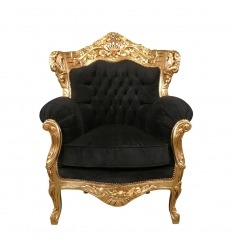 Barokowy fotel w złocone drewno i czarny aksamit