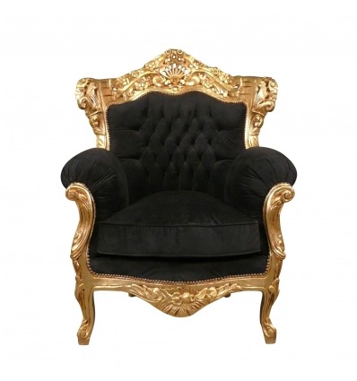 Barokowy fotel w złocone drewno i czarne aksamitne meble barokowe - 