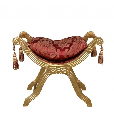 Baroque style bench with red floral fabric in gilded wood - 