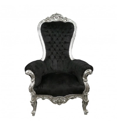 Sillón barroco trono en terciopelo negro y madera plateada. - 