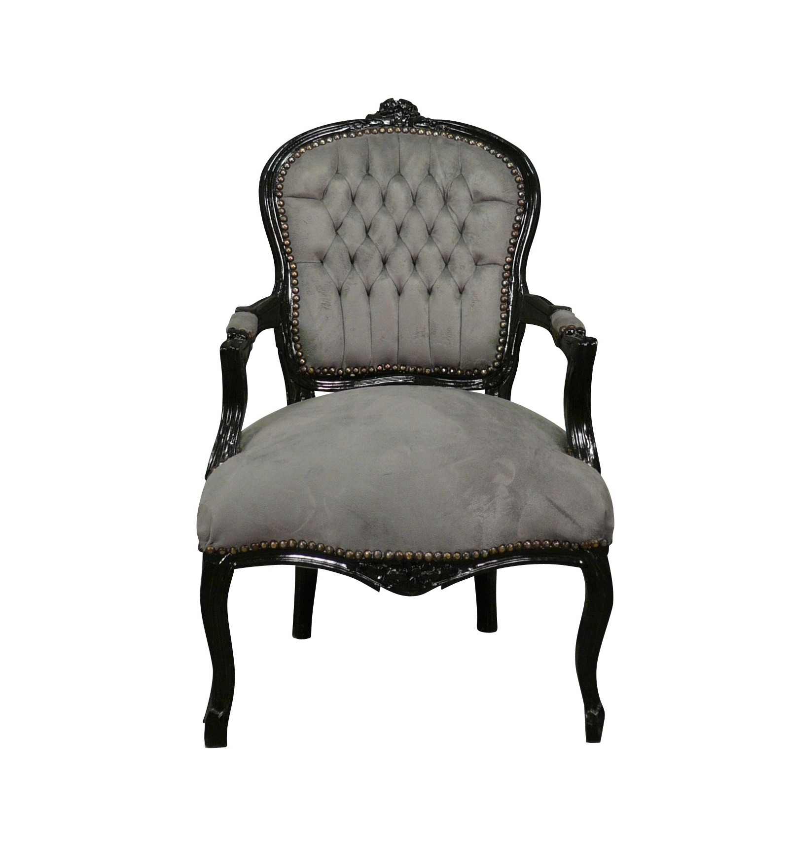Baroque armchair Louis XV style with black floral fabric, black wood