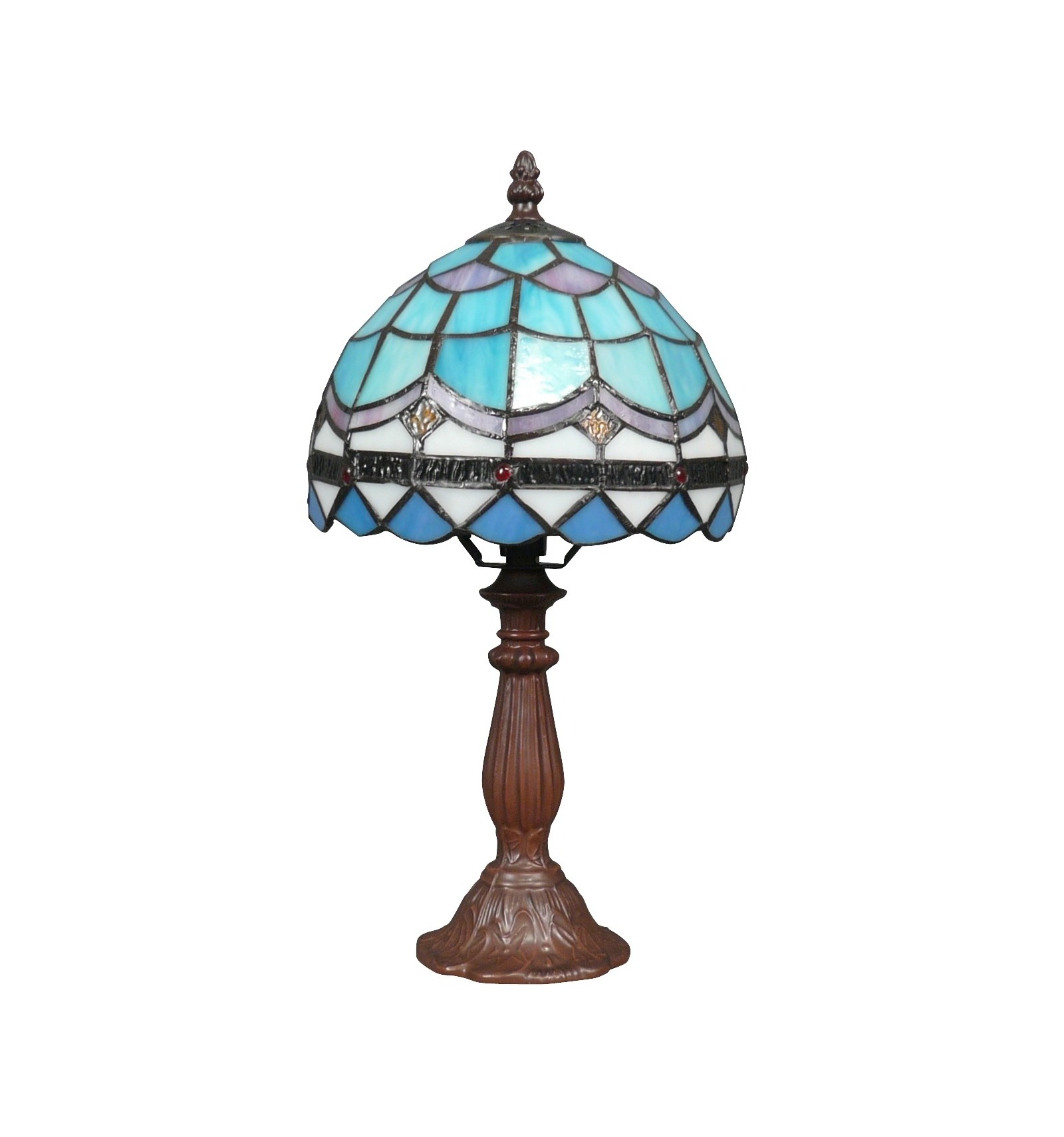 Tiffany Lampe mit blauem und weißem Buntglas
