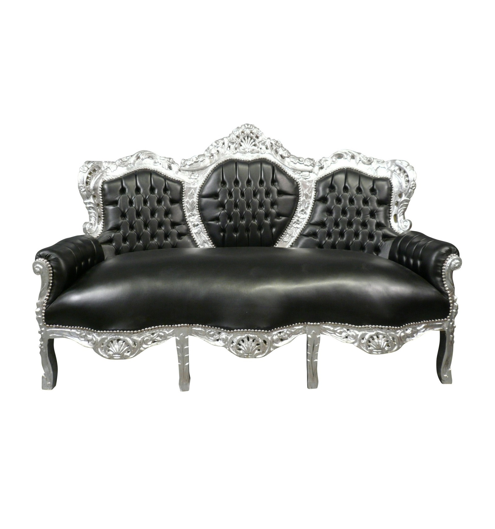 Baroque Black And Silver Wood Sofa, Silver Leather Furniture