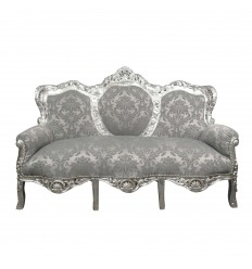 Baroque sofa in silver wood and floral grey fabric