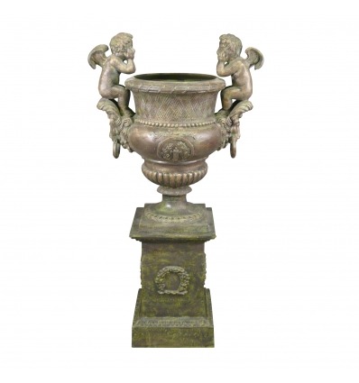  Medici-Vase mit 2 Putten auf der Basis - H: 162 CM - Medicis Vase mit Sockel - 