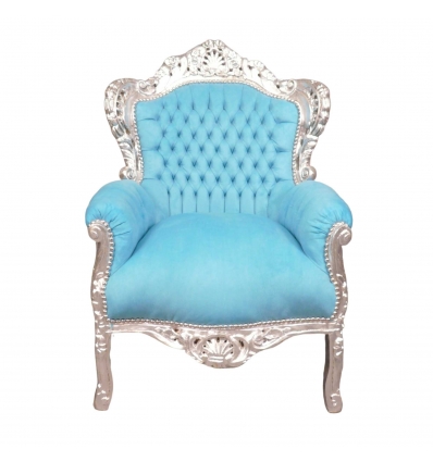 Baroque armchair sky blue and silver wood - Chairs - 