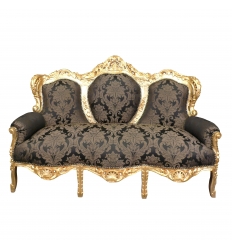 Sofá barroco em madeira dourada e tecido preto floral