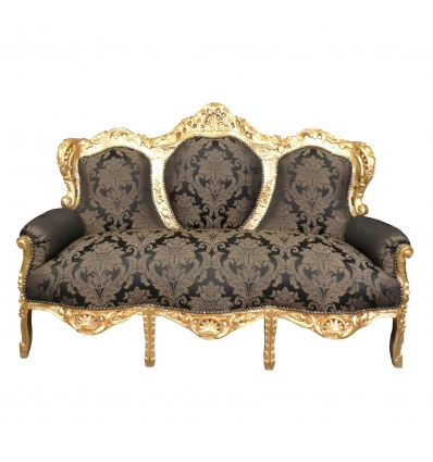 Canapé baroque en bois doré et tissu noir fleuri