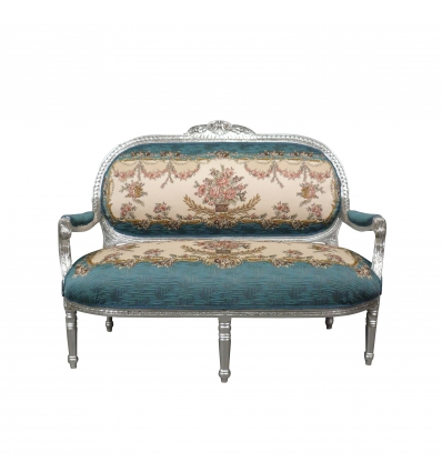 Louis XV sofá de madeira branco e tecido de cetim