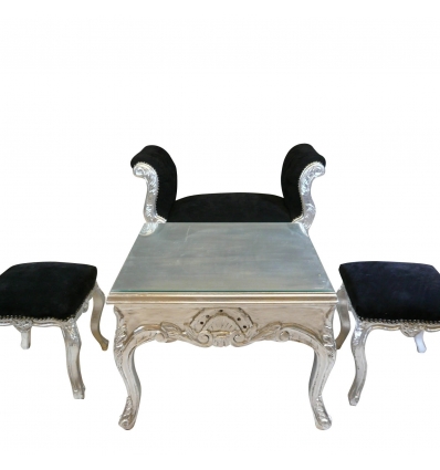 Table basse baroque argentée - Fauteuil et chaise