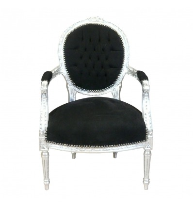 Louis XVI armchair in black velvet and silver wood