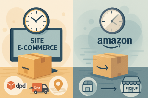 Illustration comparative des délais d’expédition d'une lampe Tiffany sur amazon entre une commande passée sur le site Htdeco et une commande sur Amazon, avec indication de la rapidité du traitement chez Htdeco.