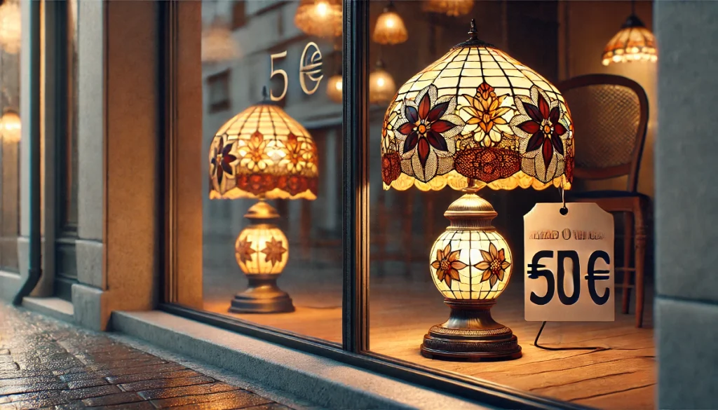 Lampe Tiffany vintage 10 Lampe Tiffany vintage exposée en vitrine avec une étiquette de prix affichant 50 €