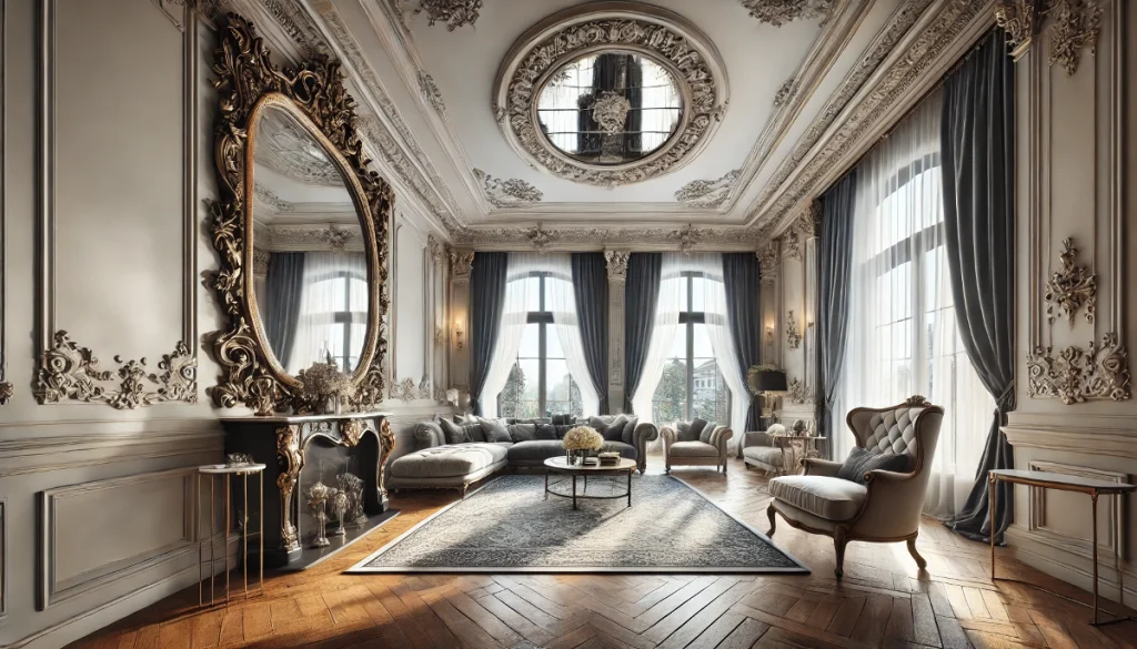 Grand miroir baroque noir dans un salon au style classique et moderne