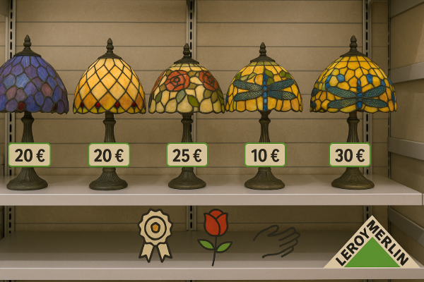  Cinq lampes Tiffany aux abat-jours colorés exposées sur les étagères d’un rayon Leroy Merlin, avec étiquettes de prix de 10 à 30 euros