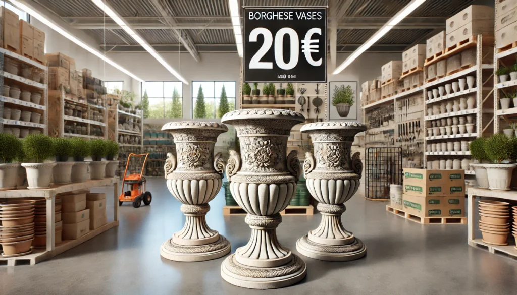 Vase en pierre au col évasé en promotion dans un magasin de jardinage