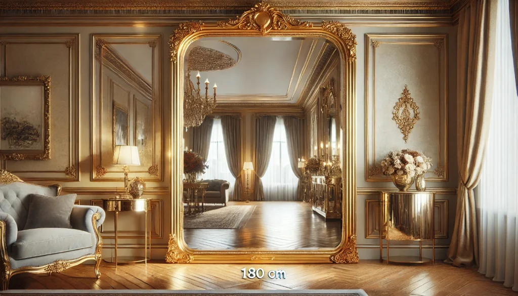 Grand miroir doré baroque de 180 cm de hauteur, idéal pour ajouter du luxe et de la profondeur à vos intérieurs. Ce miroir impressionnant est doté d'un cadre en bois doré, apportant une touche d'élégance et de raffinement à vos espaces de vie. Il reflète la lumière pour améliorer la luminosité et agrandir visuellement la pièce.