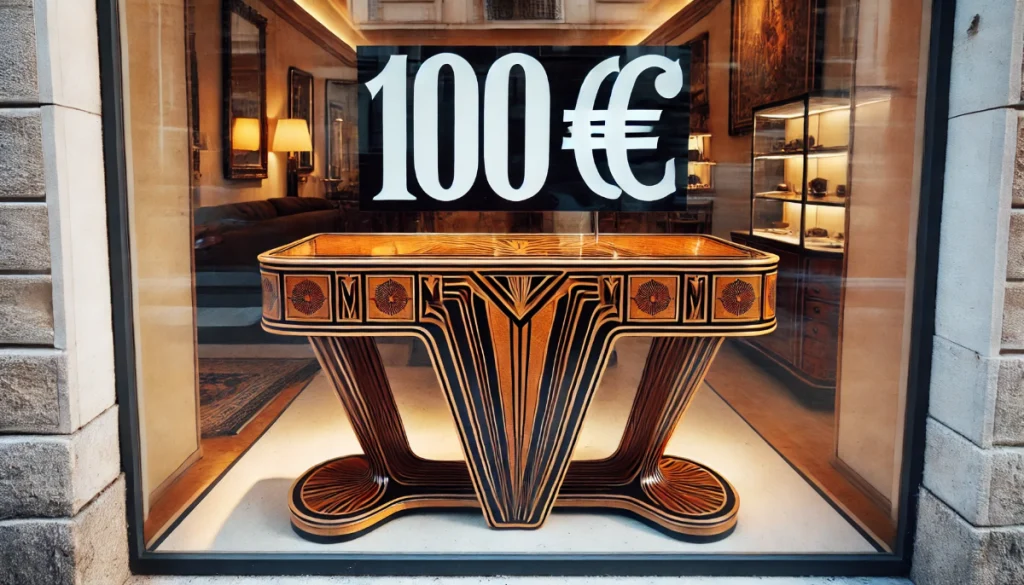 Console art déco avec pied en V et prix clairement indiqué 100 €