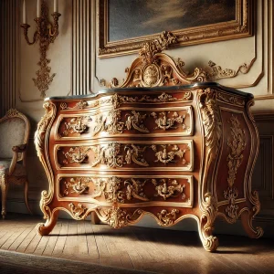 Commode Louis XV en bois sculpté avec ornements en laiton, époque Rococo