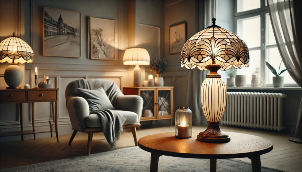 Lampe Tiffany Art Déco avec décor minimaliste et ambiance chaleureuse. Luminaires vintages