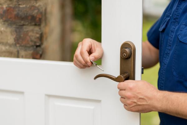 Un serrurier en tenue bleue insère une clé dans une serrure de porte blanche en extérieur