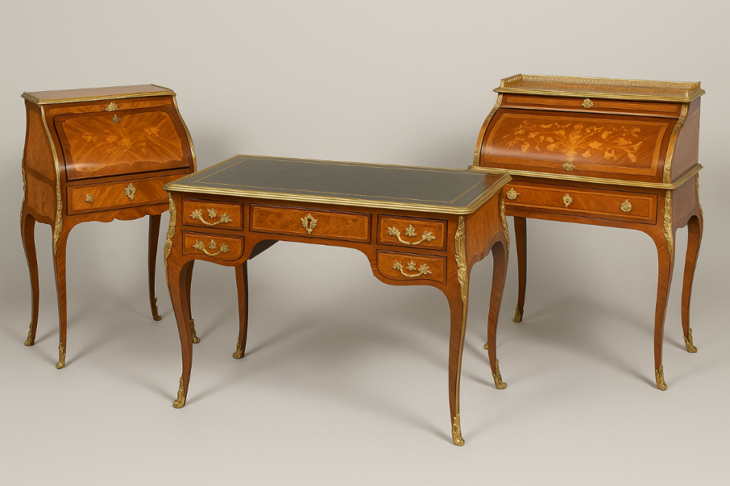 Trois bureaux de style Louis XV avec pieds galbés et marqueterie raffinée