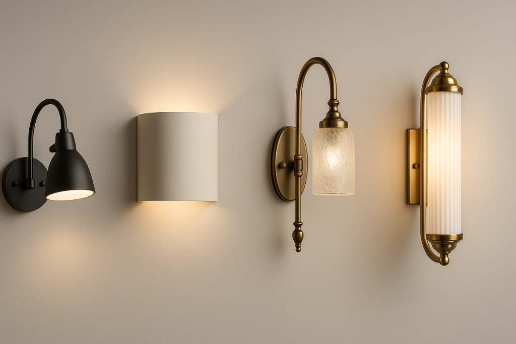 Quatre appliques murales alignées présentant des styles variés : industriel, minimaliste, vintage et art déco