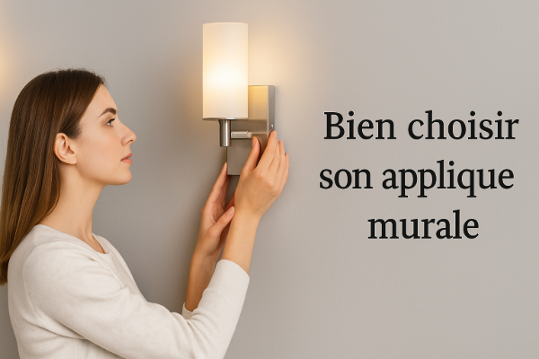 Femme examinant une applique murale moderne sur un mur gris