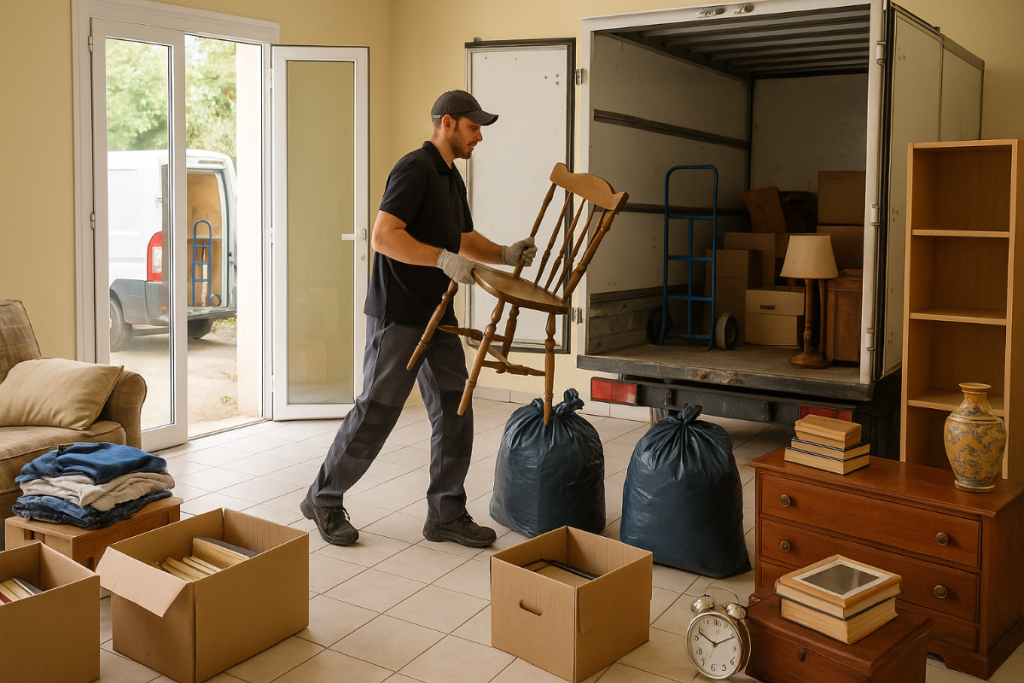 Un professionnel vide une maison en transportant des meubles vers un camion de débarras