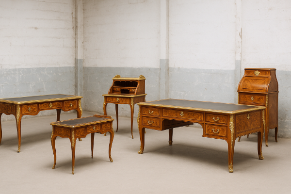 Quatre modèles de bureaux Louis XV en marqueterie : secrétaire, cylindre, bureau plat...exposés dans un entrepôt aux murs blancs défraîchis