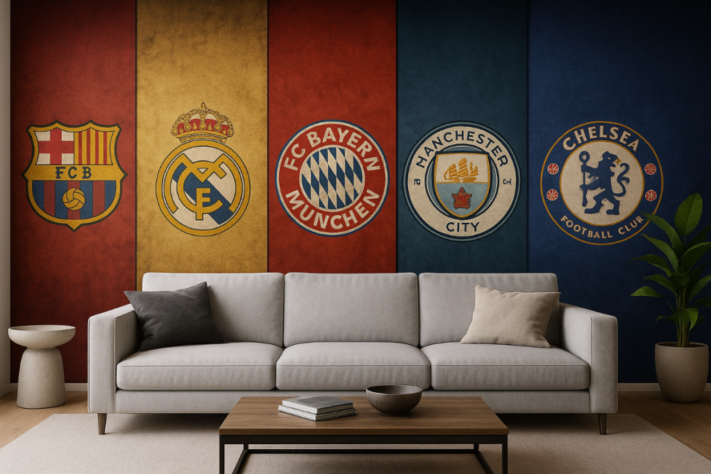 Mur décoré avec les logos colorés des plus grands clubs de football dans un salon contemporain
