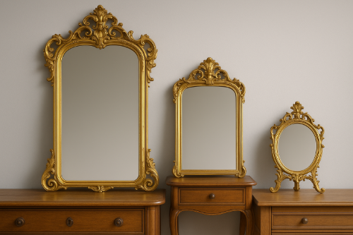 Trois miroirs baroques en bois doré de tailles différentes, grand, moyen et petit, alignés dans un intérieur élégant.