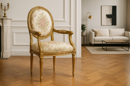 Fauteuil Louis XVI dans un intérieur moderne et classique Fauteuil Louis XVI doré avec dossier médaillon dans un salon mêlant style classique et moderne