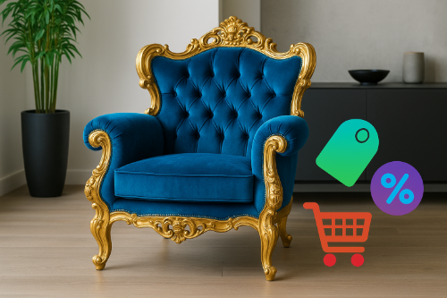 Fauteuil baroque en bois massif doré avec assise en velours bleu vif, placé dans un intérieur moderne et lumineux.