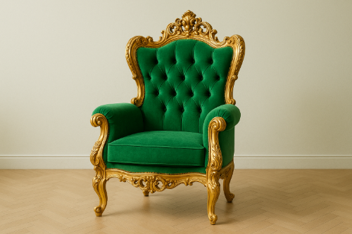 Fauteuil baroque royal de style trône en bois doré sculpté, revêtu d’un tissu vert en velours, posé sur un fond clair.