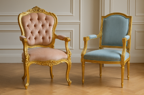 Deux fauteuils baroques de style Louis XV et Louis XVI en bois sculpté et doré, avec assises en velours dans un décor raffiné.