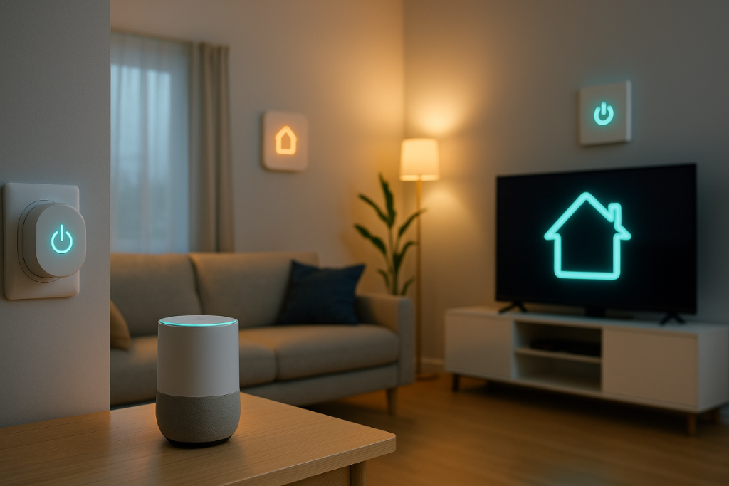 Salon moderne équipé de solutions domotiques avec éclairage connecté, écran de contrôle et objets intelligents