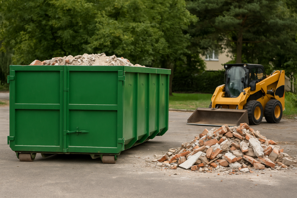 Benne verte remplie de gravats avec un engin de chantier à proximité