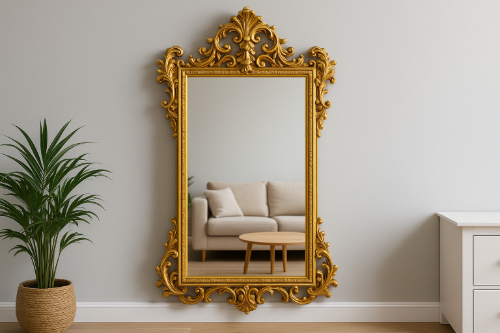 Grand miroir baroque en bois doré avec cadre sculpté et orné, posé contre un mur clair dans un intérieur élégant.