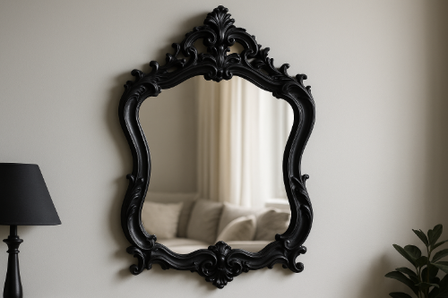 Miroir baroque noir au cadre sculpté accroché sur un mur clair dans un intérieur moderne et minimaliste.