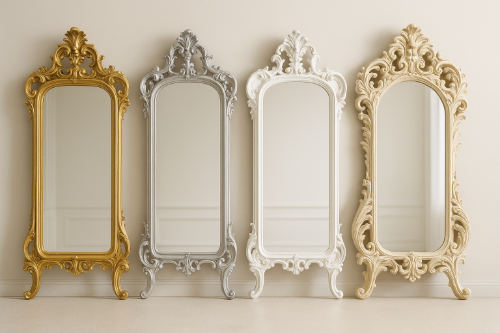 Miroirs baroques en bois doré, argenté, blanc et crème avec cadres sculptés, exposés côte à côte dans un décor lumineux.