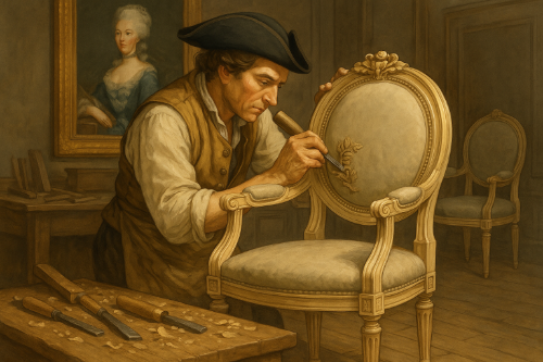 Origine du fauteuil Louis XVI Ébéniste du XVIIIe siècle sculptant un fauteuil Louis XVI en bois massif