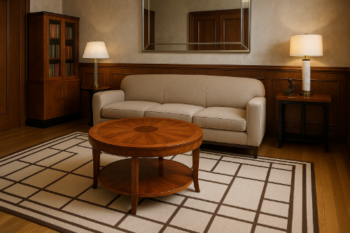 Table basse art déco ronde des années 1930 avec plateau en marqueterie et piétement en bois massif, dans un salon au décor moderne inspiré de l’époque.
