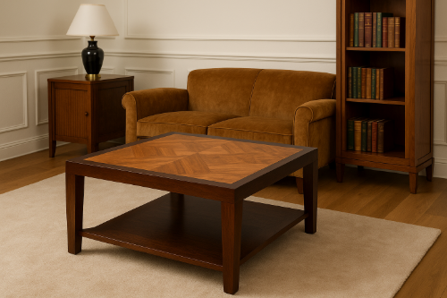Table basse art déco carrée des années 1920 en bois précieux marqueté, dans un salon élégant avec canapé et bibliothèque assortis.