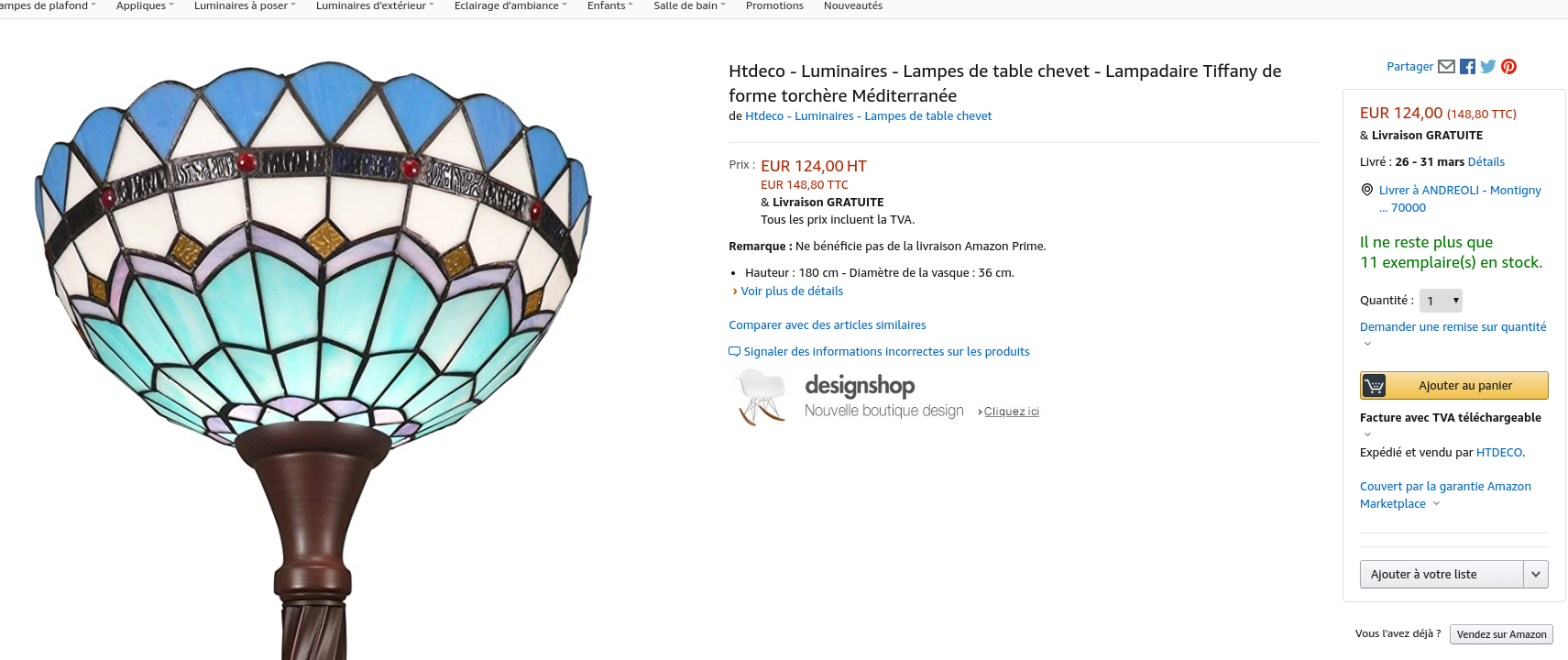 Un exemple pour commander une lampe Tiffany sur Amazon