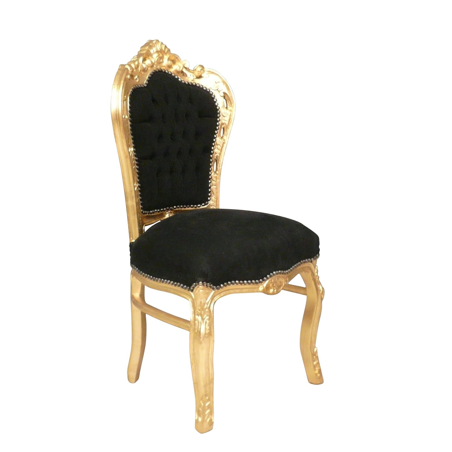 Chaise baroque noire et dorée 2 Chaise baroque Louis XV, structure en bois doré, revêtement en velours noir